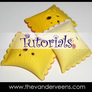 May include: Three yellow and white fabric pillows with scalloped edges and a decorative pattern. The pillows have a white background with a yellow pattern and a yellow background with a white pattern. The pillows are arranged in a row with the yellow pillow in the middle. The text "Tutorials" is written in purple on a white banner.