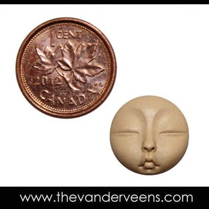 Puede incluir: Primer plano de una peque&ntilde;a cara redonda de color beige con los ojos cerrados y la boca ligeramente entreabierta. La cara es aproximadamente del tama&ntilde;o de una moneda de un centavo canadiense, que tambi&eacute;n se muestra en la imagen.