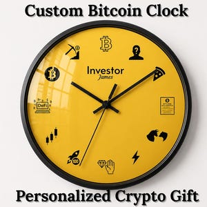 May include: A round wall clock with a black frame and a yellow face featuring black hands and various cryptocurrency-themed icons. The text "Investor James" is printed in the centre, surrounded by symbols including a Bitcoin logo, rocket, and pizza.