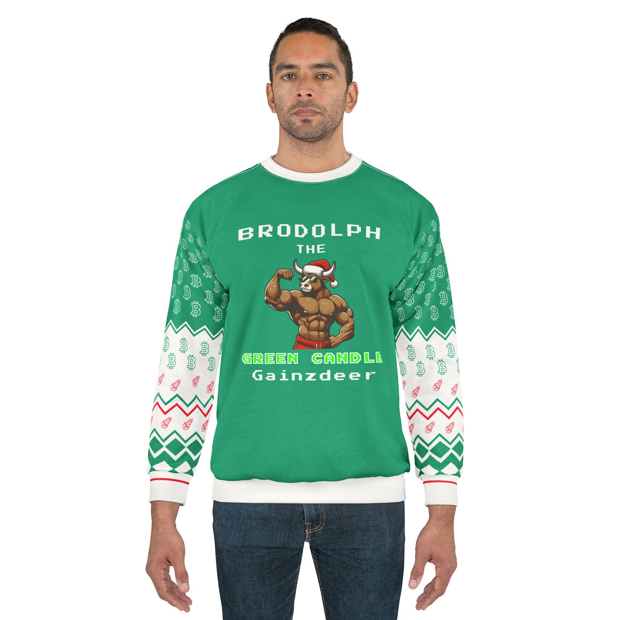ビットコインの醜いクリスマスセーター - 緑のキャンドルのブロドルフ・ゲインズディア - 面白い暗号通貨ホリデースウェットシャツ