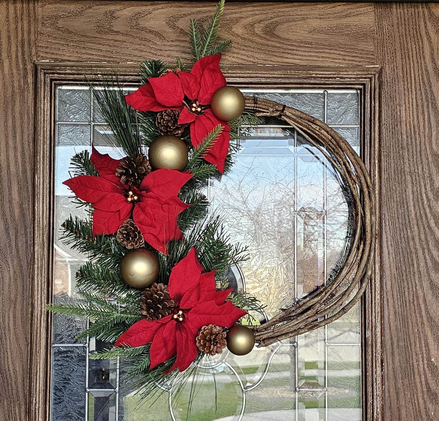 22" Grapevine Wreath With Faux Poinsettias and Greenery for Christmas ...