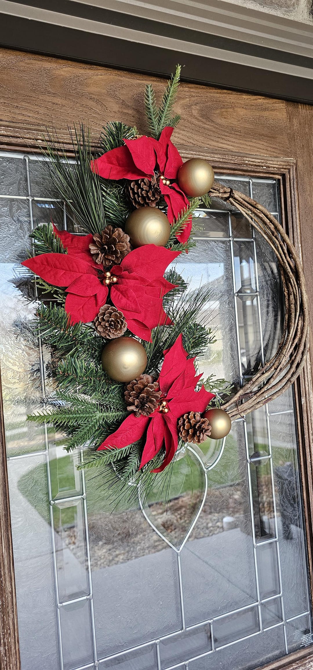 22" Grapevine Wreath With Faux Poinsettias and Greenery for Christmas ...