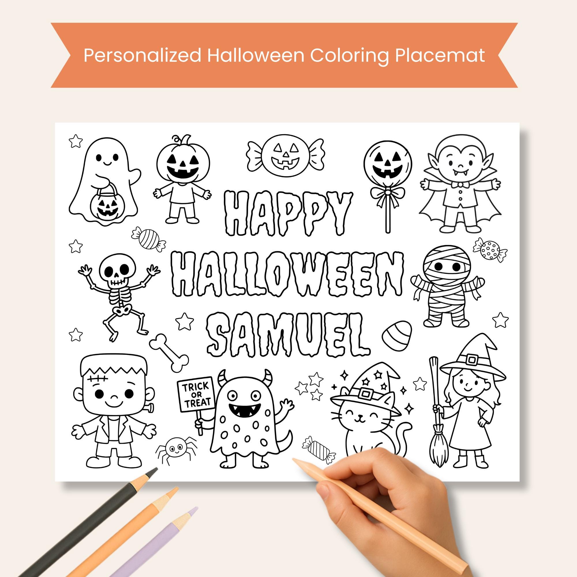 Personalized Halloween Characters Coloring Placemat: Printable PDF…