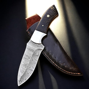 Handmade Skinner knife , handforged Skinner knife , Damascus skinner knife with steel bolster, damascus knife with sheath and wood handle