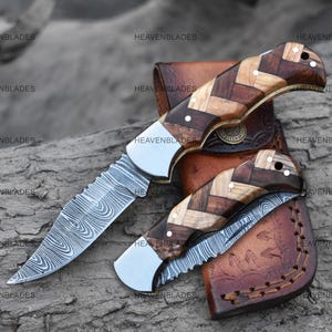 Handmade pocket knife for men, Damascus steel folding knife, Engraved pocket knife, Personalized Gift for Husband Exclusive Birthday Gift
