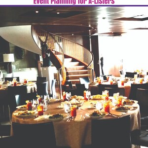 May include: A table set for a formal dinner party with a spiral staircase in the background. The table is covered in a beige tablecloth and has a variety of dishes, glasses, and silverware. The staircase is made of wood and has a metal railing. The text "VIP VIBE Event Planning for A-Listers" is at the top of the image. The website address "www.vip-vibe.com" is at the bottom of the image.