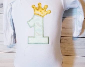 1st 2nd Birthday Royalty Prince King crown Birthday Party Royal Mint Green and Gold bodysuit