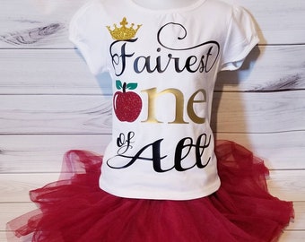 Girls Snow White Evil Queen Glitter Sparkle Fairest ONE of them all Crown Apple 1st Birthday Shirt 3T Ready to Ship