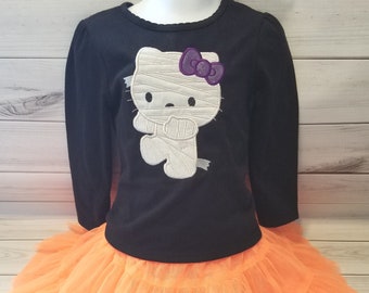 Girl Kitty Halloween Shirt Mummy Bandage Zombie Glow Dark & orange tulle skirt 2T