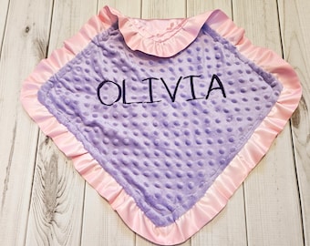 Lavender Minky & Pink Satin Lovie with Pink Satin Ruffle – 16x16"