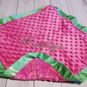 Baby Security Blanket Lovie Hot Pink Minky, Lime Green satin Ruffle Minky lovey 16x16