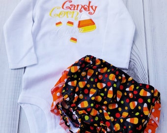 Girl Candy Corn Cutie and Halloween ruffles polka dot diaper cover set baby 3-6 months