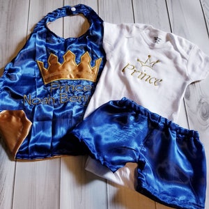 Newborn baby boy royalty King Prince photo prop royal blue gold crown satin cape shorts image 1