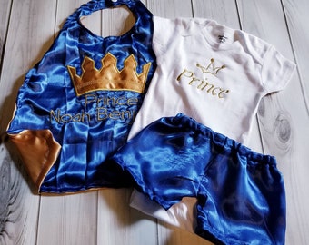 Newborn baby boy royalty King Prince photo prop royal blue gold crown satin cape shorts