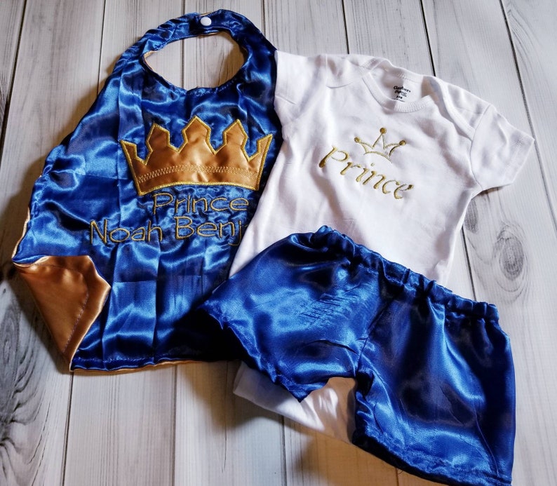 Newborn baby boy royalty King Prince photo prop royal blue gold crown satin cape shorts image 1
