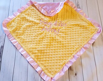 Yellow Minky & pink Satin Ruffle lovey 24 x 24