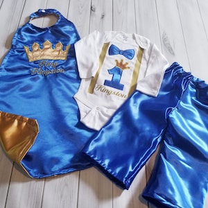 Royal Blue gold |1st 2nd birthday| Prince King royalty crown satin cape set
