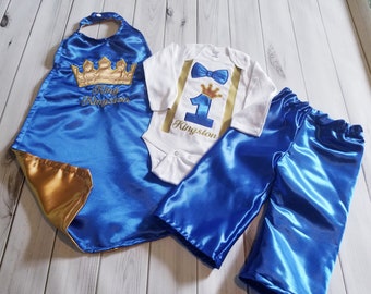 Royal Blue gold |1st 2nd birthday| Prince King royalty crown satin cape set