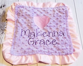 Baby Security Blanket Lovie Lavender dot Light Purple Minky & Pink Satin Ruffle  12 x 12