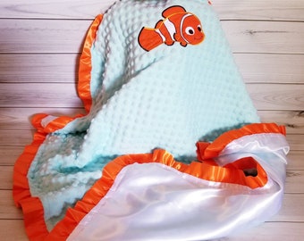 Nemo fish aqua dot Minky with White satin and orange Ruffle Blanket 34 x 43