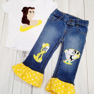 Princess Belle Birthday Outfit – Appliquéd Shirt or Onesie with Ruffle Capris or Jeans – Chip & Lumiere Design