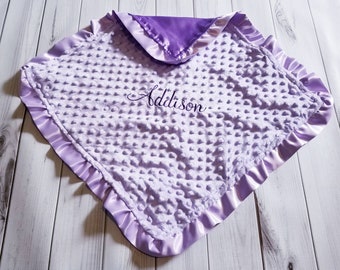 Lavender Minky Baby Lovie – 20x20" Custom Comfort Blanket with Purple Satin Back & Ruffle