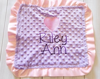 Baby Security Blanket Lovie Lavender Light Purple Minky & Pink Satin Ruffle 15 x 15 in