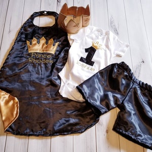 Baby Boy 1st Birthday Outfit: Prince Crown, Black Satin Cape, Personalized Onesie