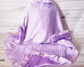 Lavender Minky Baby Blanket – Satin Back & Ruffle – 33" x 41"