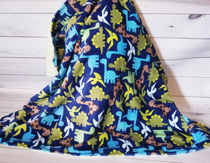 Dinosaurs colorful minky and lime green smooth minky Blanket 34 x 30 READY TO SHIP image 1