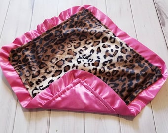 Girl's Leopard Animal Print Smooth Soft Minky and Hot Pink Satin with Hot Pink Satin Ruffles Lovey 16 x 16 INCHES