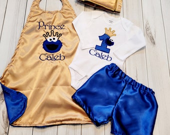 Cookie Monster Prince 1st 2nd birthday outfit Smash cake photo prop gold blue crown satin cape shorts