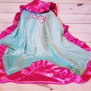 Personalized Minky Baby Blanket: Aqua Blue, Hot Pink Satin Ruffle (33 x 40)