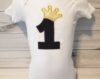 Black Gold Bodysuit one piece Royal Prince King crown Birthday Party 1st Birthday  24m Short Sleeve READY TO SHIP !