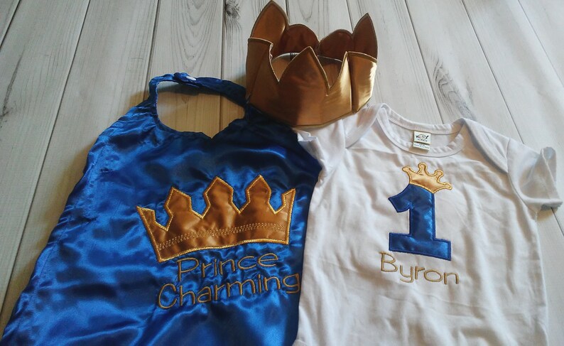 Prince Charming royalty 1st 2nd birthday outfit Smash cake photo prop royal blue gold crown satin cape crown hat