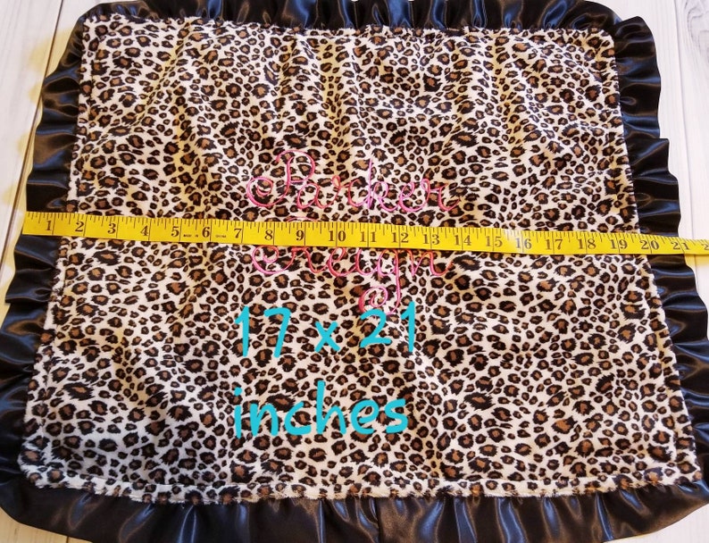 Leopard Cheetah Animal Print SMOOTH Minky & Hot Pink Satin Ruffle Lovey Security blanket 17x21 image 3