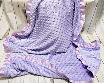 Double Lavender Minky Baby Blanket – Satin Ruffle – 35" x 42"