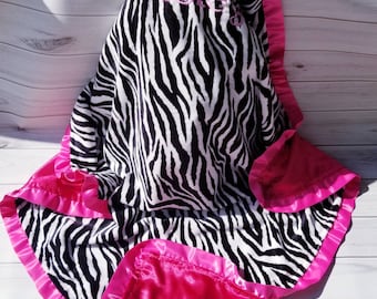 Zebra cuddle plush soft Minky and hot Pink satin Ruffle Baby Toddler Personalized Blanket 40 x 40