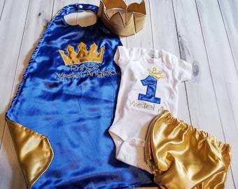 Royal Blue Gold royalty King Prince 1st 2nd birthday outfit crown satin cape