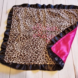 Leopard Cheetah Animal Print SMOOTH Minky & Hot Pink Satin Ruffle Lovey Security blanket 17x21 image 1