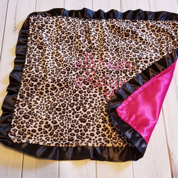 Leopard Cheetah Animal Print SMOOTH Minky & Hot Pink Satin Ruffle Lovey Security blanket 17x21