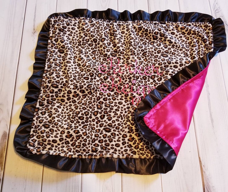 Leopard Cheetah Animal Print SMOOTH Minky & Hot Pink Satin Ruffle Lovey Security blanket 17x21 image 1