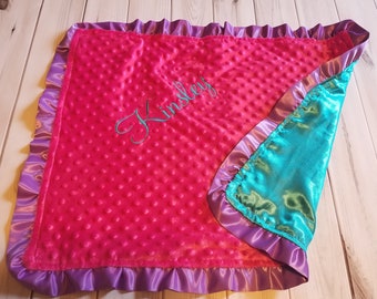 Baby Security Blanket Lovies Hot Pink Minky with turquoise satin , purple Satin Ruffle Minky 20 x 24