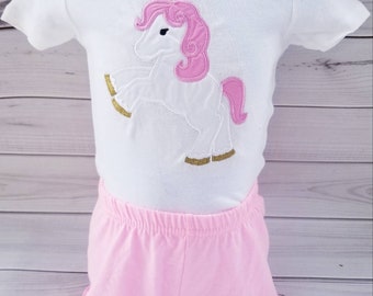 Baby Girl Magical Fairytale Pink White Unicorn Bodysuit and Pink Ruffle Shorts READY To Ship 18 months