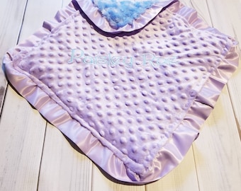 Lavender & Light Blue Minky Lovie with Lavender Satin Ruffle  – 15x15"