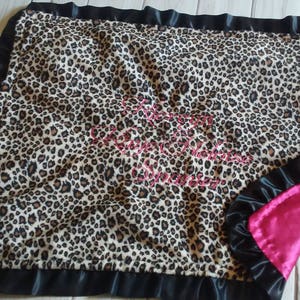 Leopard Cheetah Animal Print SMOOTH Minky & Hot Pink Satin Ruffle Lovey Security blanket 17x21 image 2