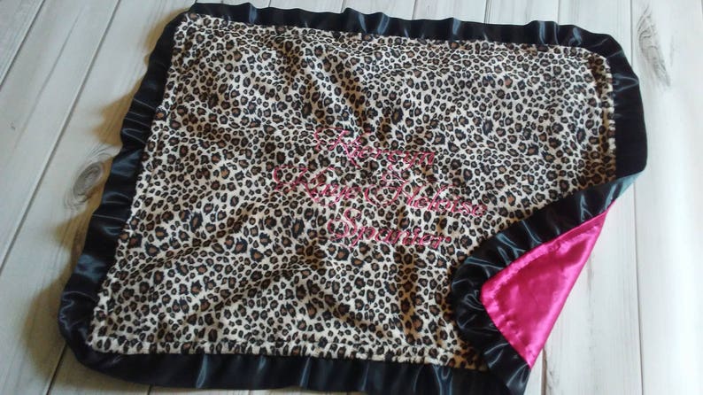 Leopard Cheetah Animal Print SMOOTH Minky & Hot Pink Satin Ruffle Lovey Security blanket 17x21 image 2