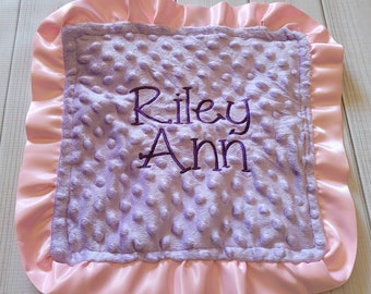 Baby Security Blanket Lovie Lavender Light Purple Minky & purple Satin Ruffle  13 x 13