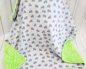 Gray tractor cotton & lime green Minky Blanket 32 x 28  READY TO SHIP