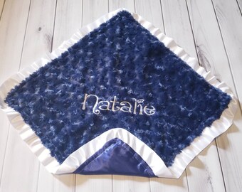 Midnight Blue Swirl Cuddle Silky Minky and Navy Satin with White Satin ruffles 20 x 20